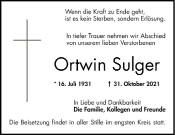 Traueranzeige von Ortwin Sulger von Mannheimer Morgen