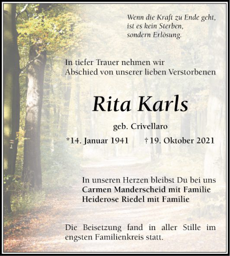  Traueranzeige für Rita Karls vom 06.11.2021 aus Schwetzinger Zeitung