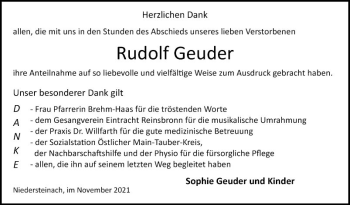 Traueranzeige von Rudolf Geuder von Fränkische Nachrichten