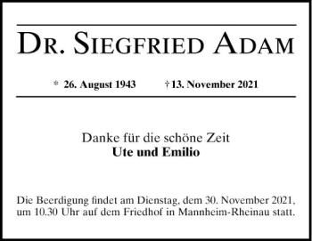 Traueranzeige von Siegfried Adam von Mannheimer Morgen