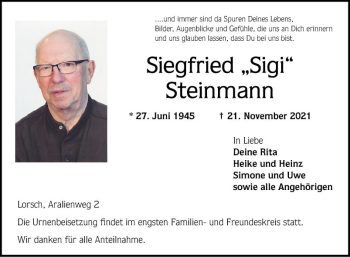 Traueranzeige von Siegfried Steinmann von Bergsträßer Anzeiger