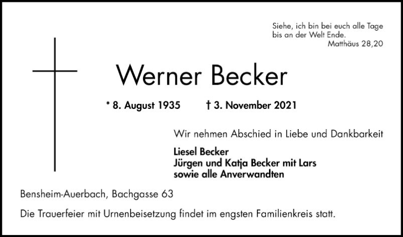  Traueranzeige für Werner Becker vom 06.11.2021 aus Bergsträßer Anzeiger