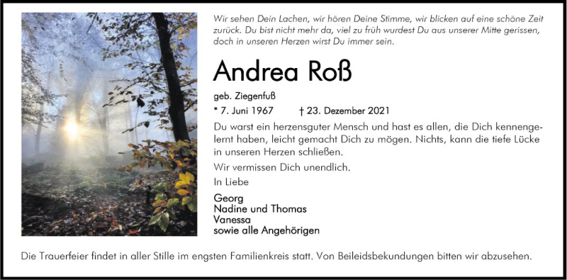  Traueranzeige für Andrea Roß vom 30.12.2021 aus Bergsträßer Anzeiger