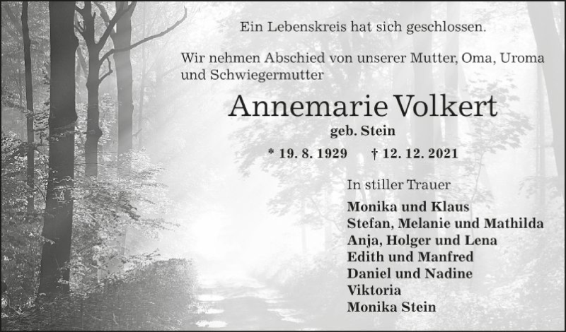  Traueranzeige für Annemarie Volkert vom 20.12.2021 aus Fränkische Nachrichten