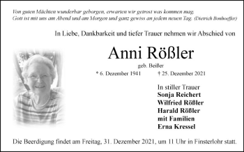 Traueranzeige von Anni Rößler von Fränkische Nachrichten