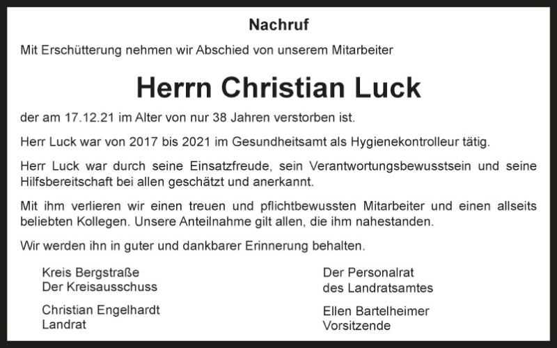  Traueranzeige für Christian Luck vom 24.12.2021 aus Bergsträßer Anzeiger