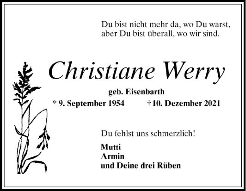  Traueranzeige für Christiane Werry vom 18.12.2021 aus Mannheimer Morgen