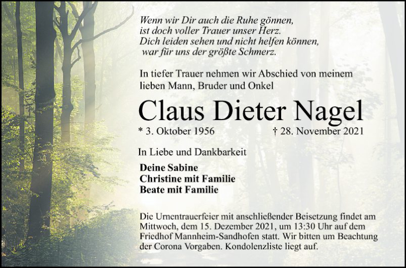  Traueranzeige für Claus Dieter Nagel vom 11.12.2021 aus Mannheimer Morgen