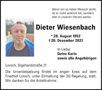 Traueranzeige von Dieter  Wiesenbach von Bergsträßer Anzeiger