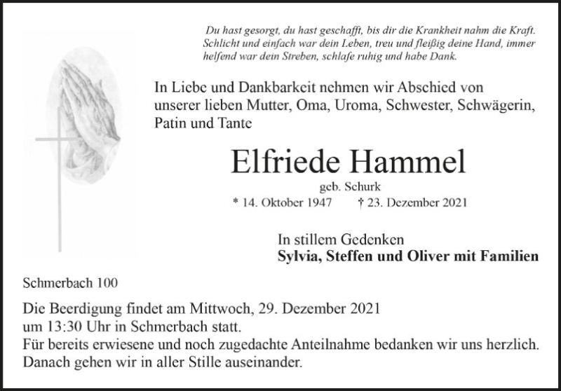  Traueranzeige für Elfriede Hammel vom 28.12.2021 aus Fränkische Nachrichten