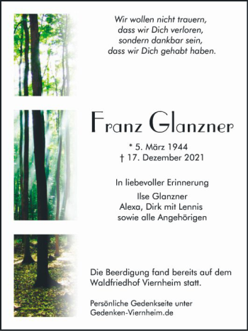 Traueranzeige von Franz Glanzner von Südhessen Morgen