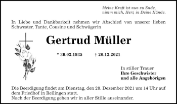 Traueranzeige von Gertrud Müller von Schwetzinger Zeitung
