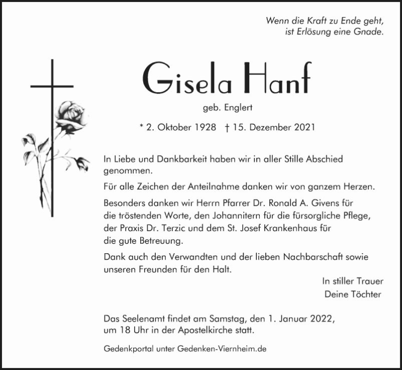  Traueranzeige für Gisela Hanf vom 31.12.2021 aus Südhessen Morgen