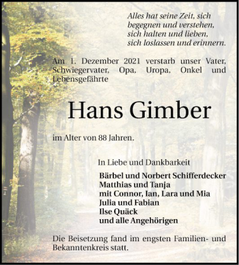 Traueranzeige von Hans Gimber von Schwetzinger Zeitung