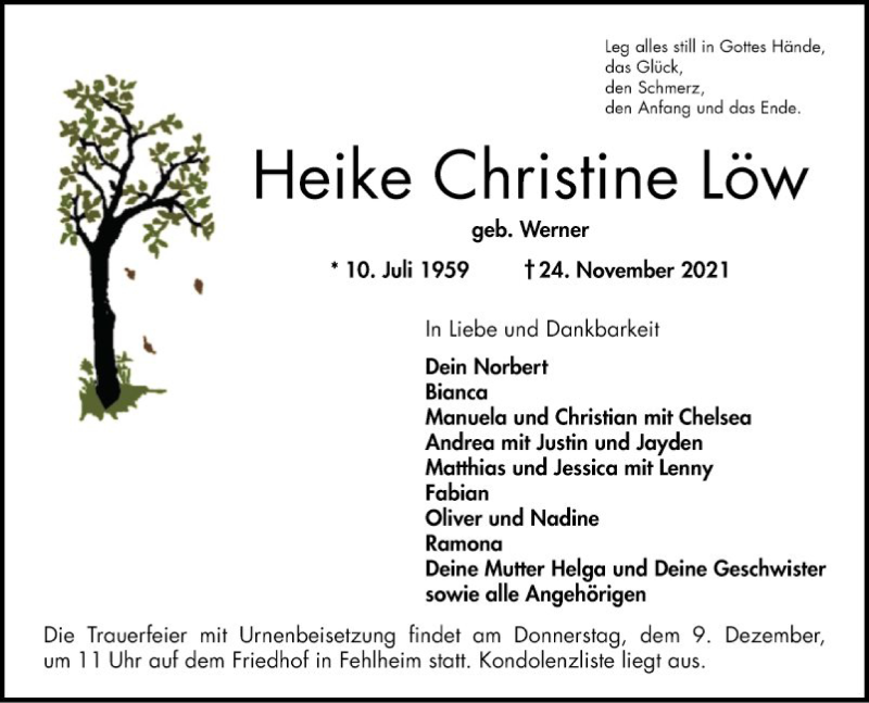  Traueranzeige für Heike Christine Löw vom 04.12.2021 aus Bergsträßer Anzeiger