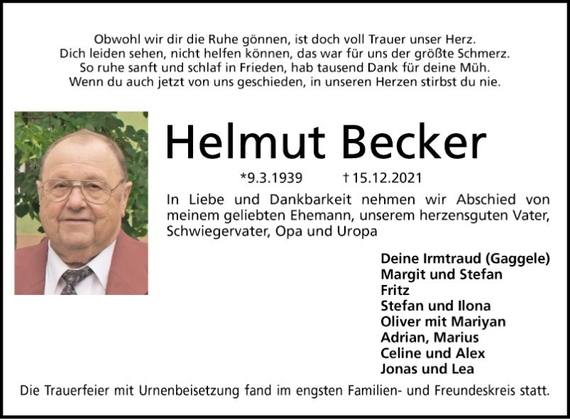  Traueranzeige für Helmut Becker vom 31.12.2021 aus Mannheimer Morgen