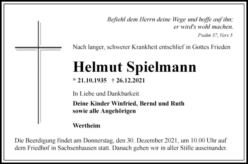  Traueranzeige für Helmut Spielmann vom 28.12.2021 aus Fränkische Nachrichten