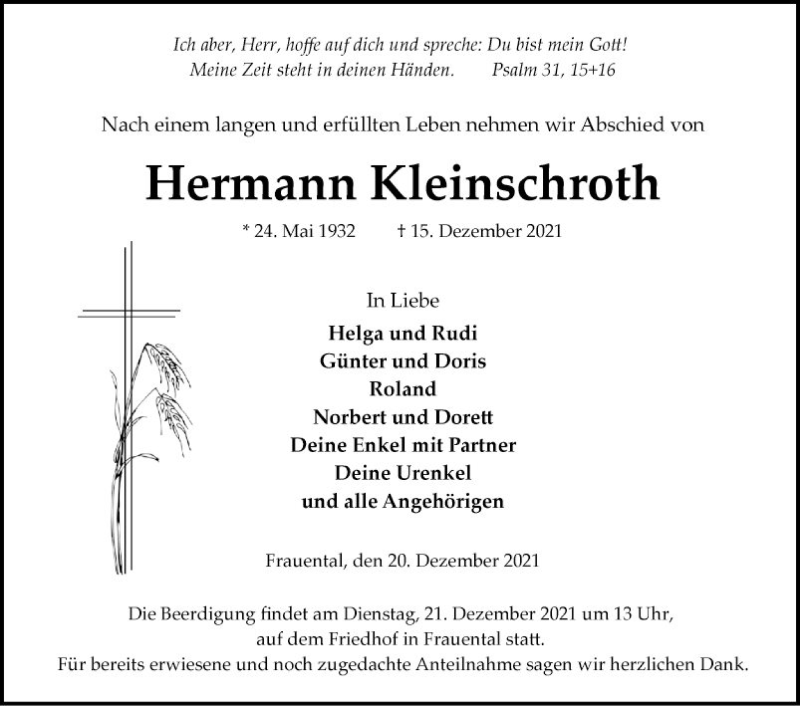  Traueranzeige für Hermann Kleinschroth vom 20.12.2021 aus Fränkische Nachrichten