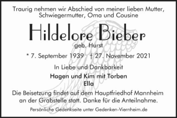 Traueranzeige von Hildelore Bieber von Mannheimer Morgen
