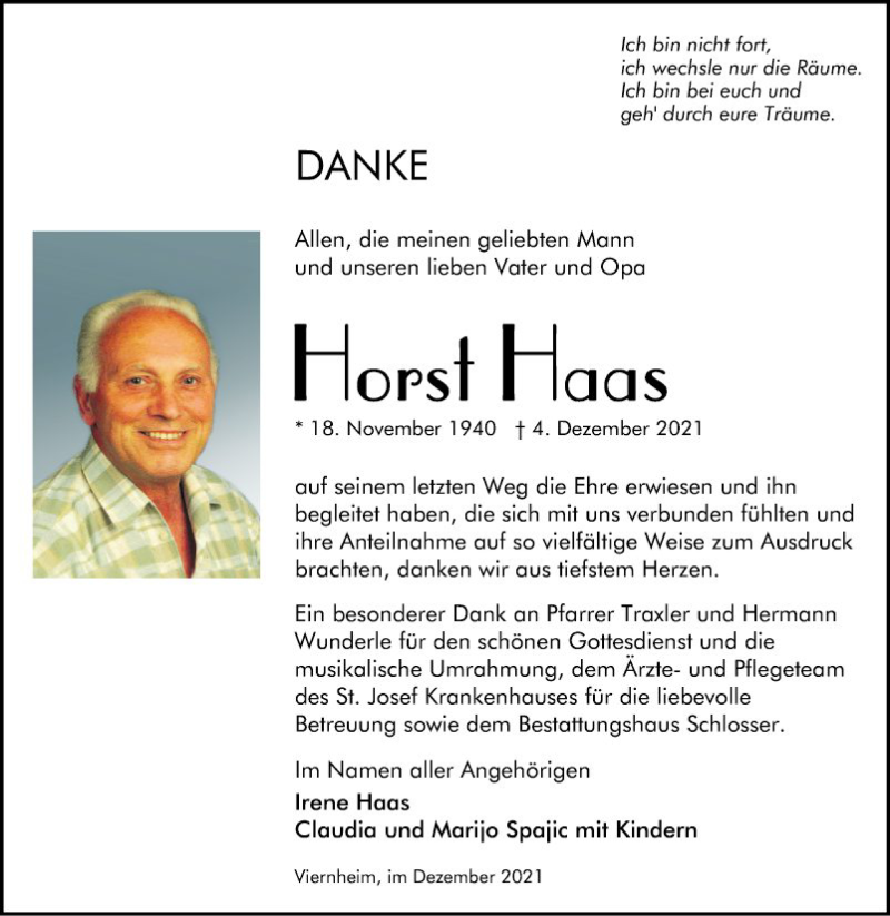  Traueranzeige für Horst Haas vom 24.12.2021 aus Südhessen Morgen