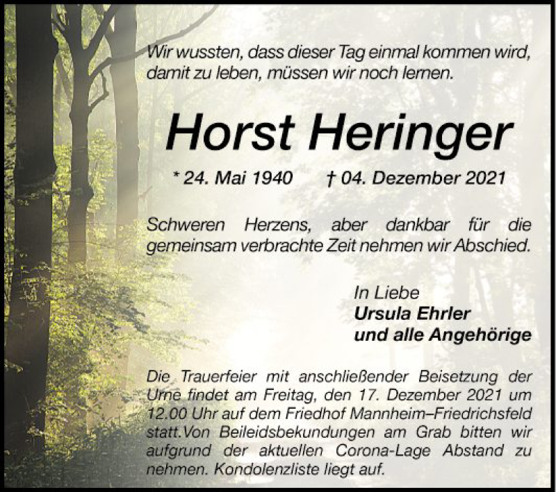  Traueranzeige für Horst Heringer vom 15.12.2021 aus Mannheimer Morgen