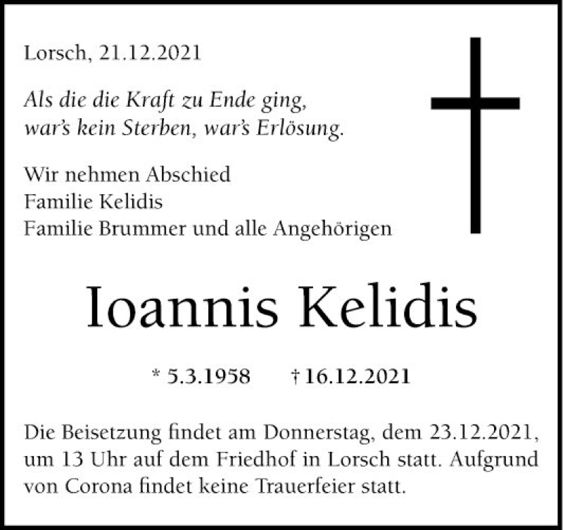  Traueranzeige für Ioannis Kelidis vom 22.12.2021 aus Bergsträßer Anzeiger