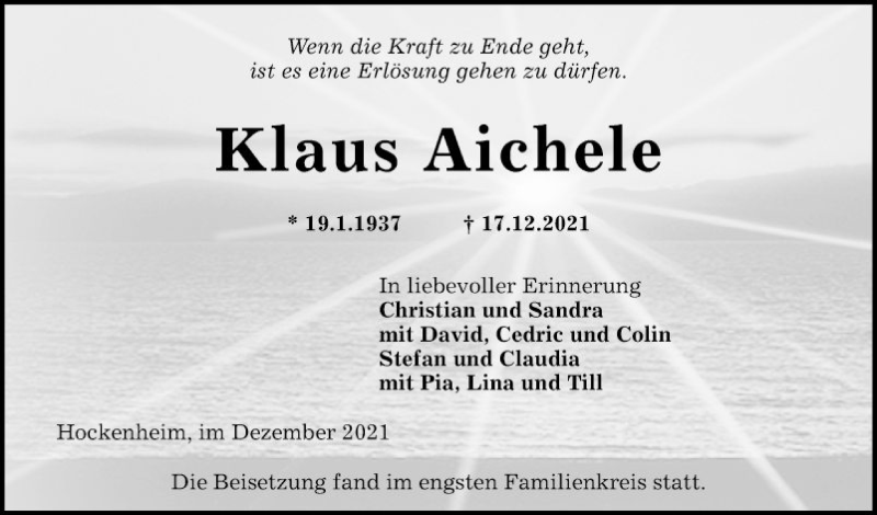  Traueranzeige für Klaus Aiehele vom 31.12.2021 aus Schwetzinger Zeitung