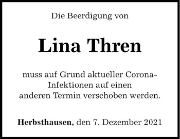 Traueranzeige von Lina Thren von Fränkische Nachrichten