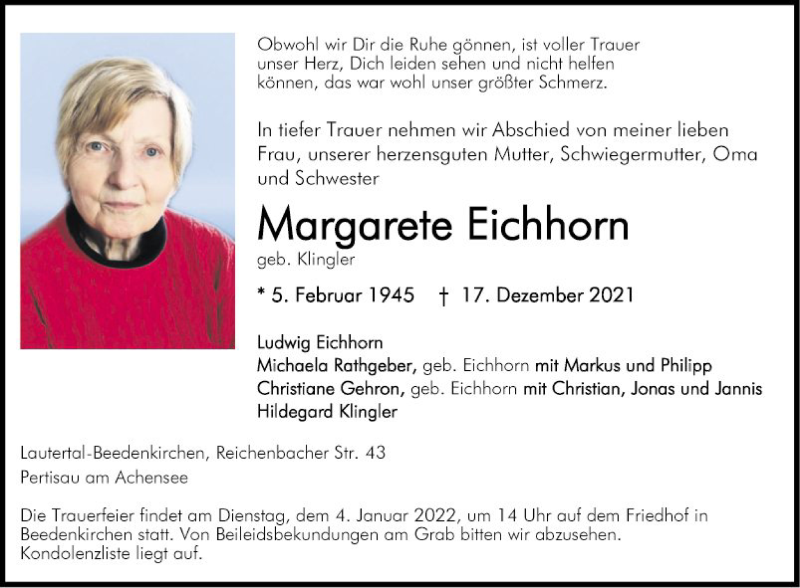  Traueranzeige für Margarete Eichhorn vom 31.12.2021 aus Bergsträßer Anzeiger
