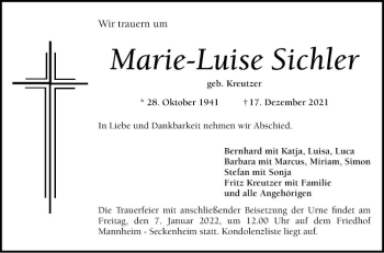 Traueranzeige von Marie-Luise Sichler von Mannheimer Morgen