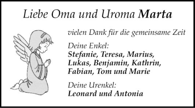  Traueranzeige für Marta  vom 18.12.2021 aus Fränkische Nachrichten