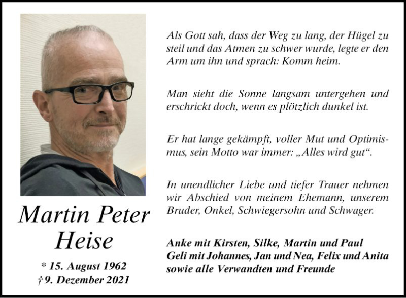  Traueranzeige für Martin Heise vom 17.12.2021 aus Bergsträßer Anzeiger