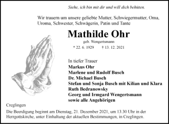 Traueranzeige von Mathilde Ohr von Fränkische Nachrichten