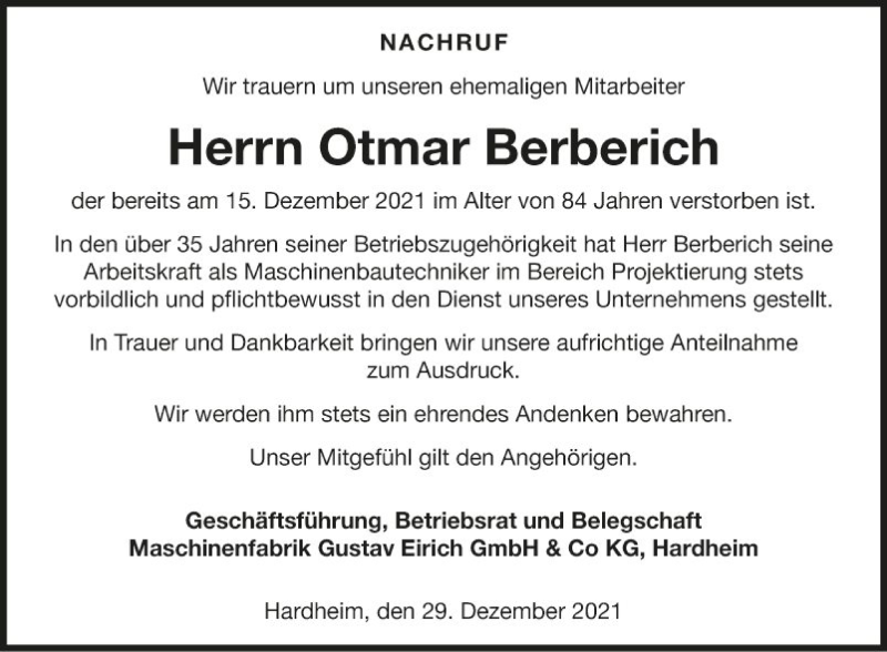  Traueranzeige für Otmar Berberich vom 29.12.2021 aus Fränkische Nachrichten