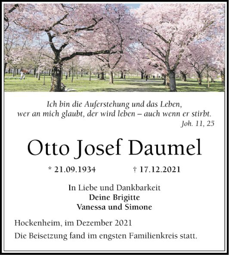  Traueranzeige für Otto Josef Daumel vom 31.12.2021 aus Schwetzinger Zeitung