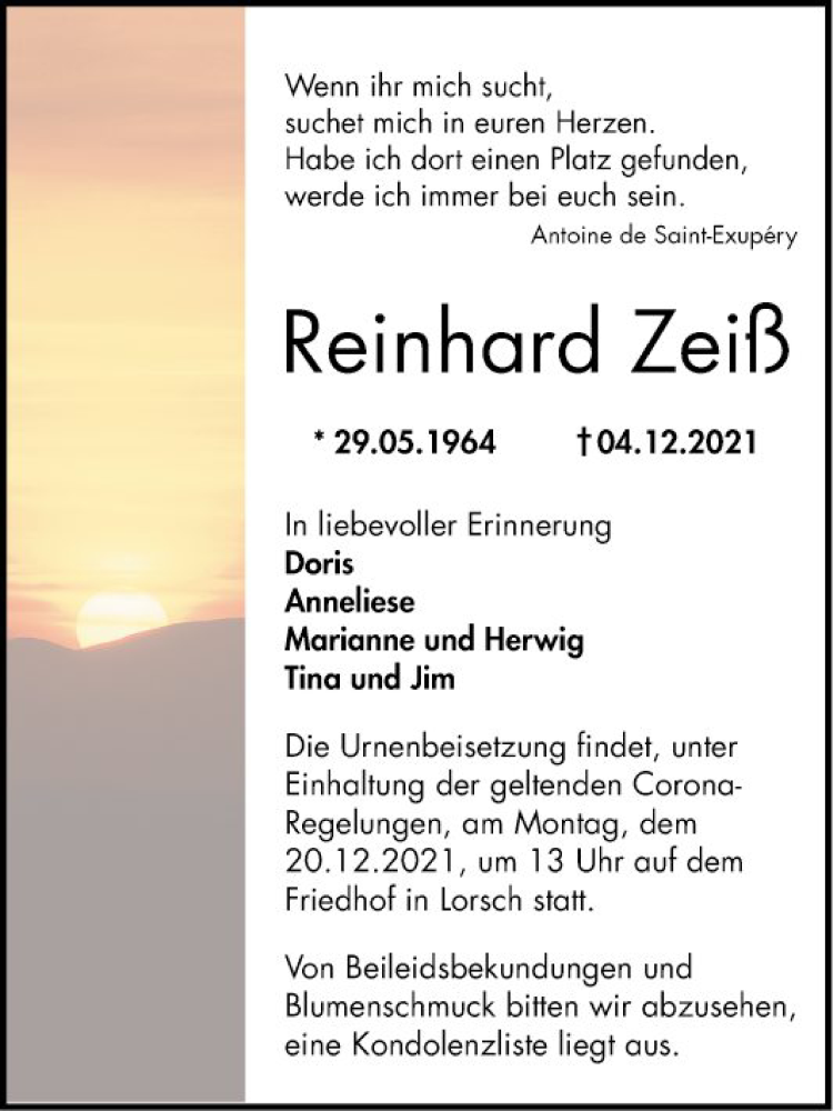  Traueranzeige für Reinhard Zeiß vom 16.12.2021 aus Bergsträßer Anzeiger