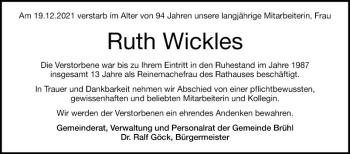 Traueranzeige von Ruth Wickles von Schwetzinger Zeitung