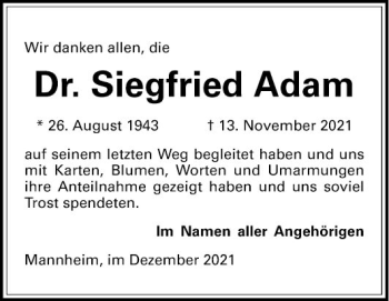 Traueranzeige von Siegfried Adam von Mannheimer Morgen