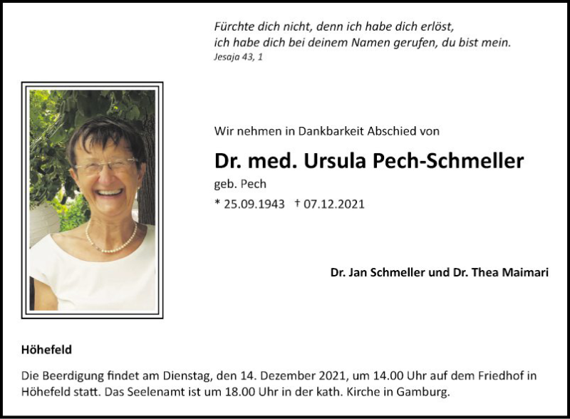  Traueranzeige für Ursula Pech-Schmeller vom 11.12.2021 aus Fränkische Nachrichten