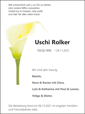 Traueranzeige von Uschi Rolker von Mannheimer Morgen