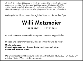 Traueranzeige von Willi Metzmaier von Mannheimer Morgen