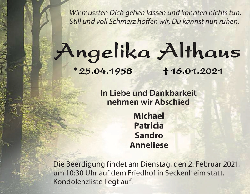  Traueranzeige für Angelika Althaus  vom 30.01.2021 aus 