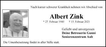 Traueranzeige von Albert Zink von Fränkische Nachrichten