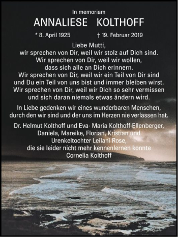 Traueranzeige von Annaliese Kolthoff von Schwetzinger Zeitung