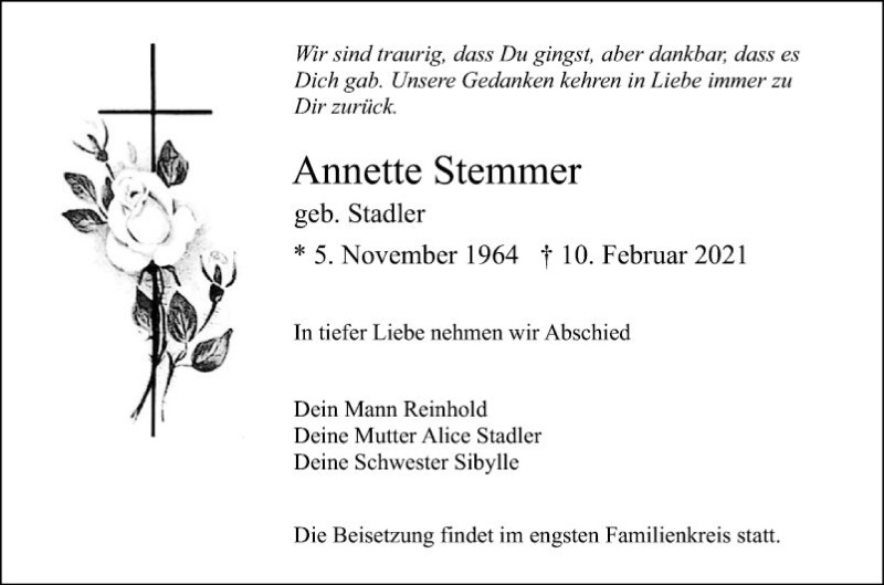  Traueranzeige für Annette Stemmer vom 27.02.2021 aus Mannheimer Morgen