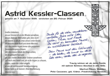 Traueranzeige von Astrid Kessler-Classen von Fränkische Nachrichten