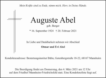 Traueranzeige von Auguste Abel von Mannheimer Morgen