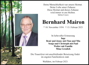 Traueranzeige von Bernhard Mairon von Fränkische Nachrichten