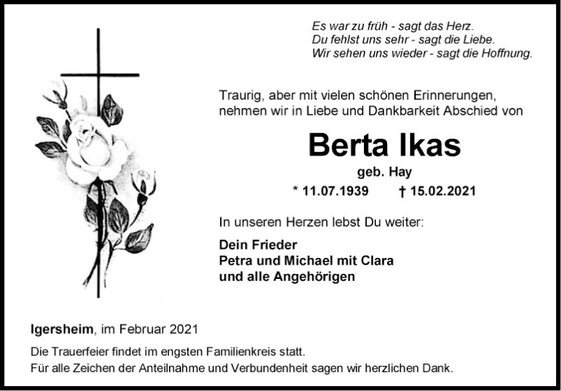  Traueranzeige für Berta Ikas vom 17.02.2021 aus Fränkische Nachrichten
