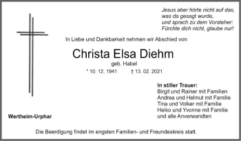 Traueranzeige von Christa Elsa Diehm von Fränkische Nachrichten